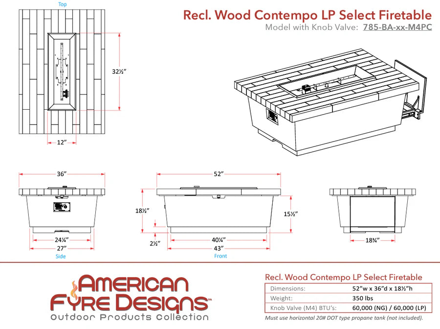American Fyre Designs Contempo LP Select Firetable with Tank Drawer