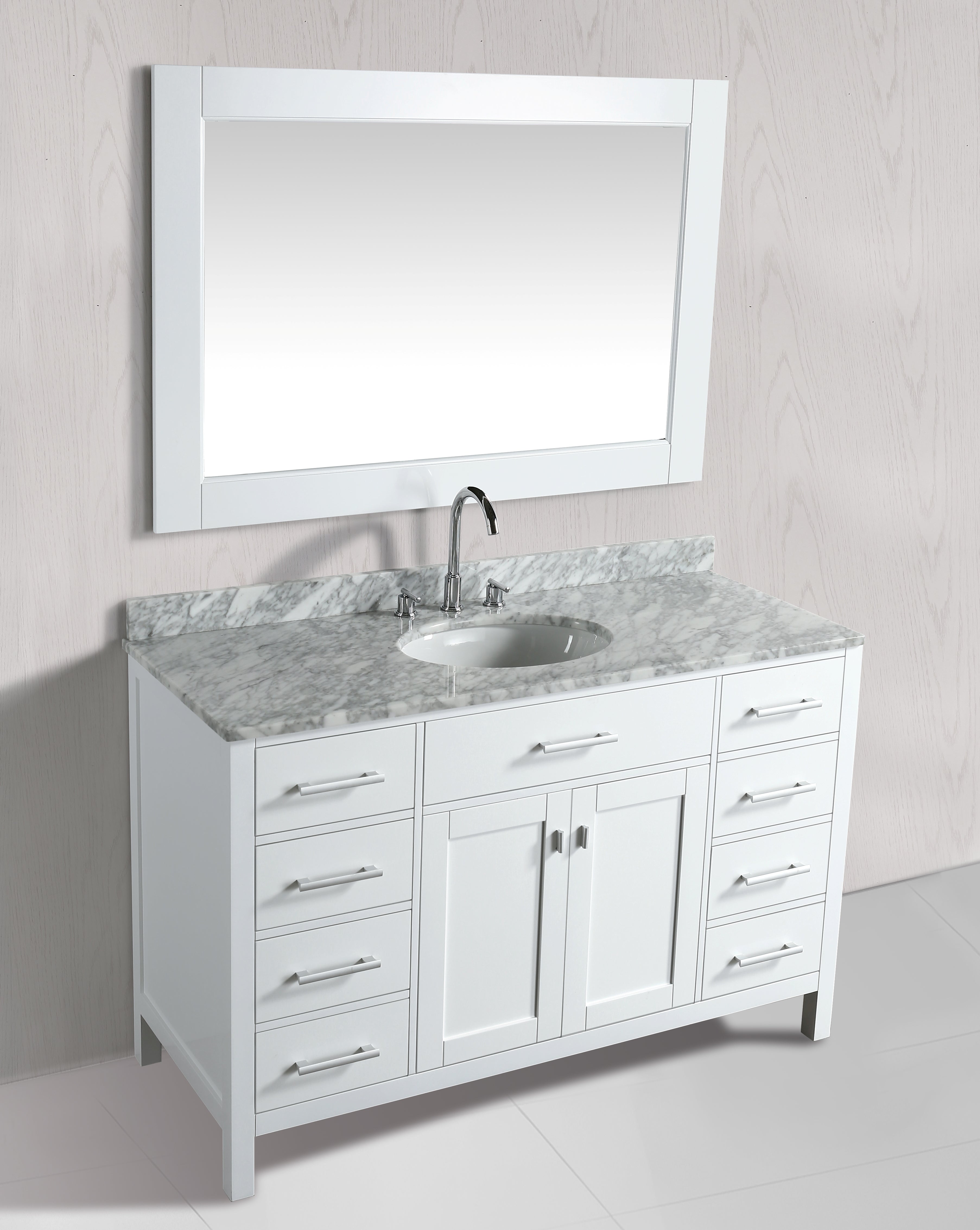 London 54" Single Sink Vanity in White with Marble Vanity Top with Matching Mirror