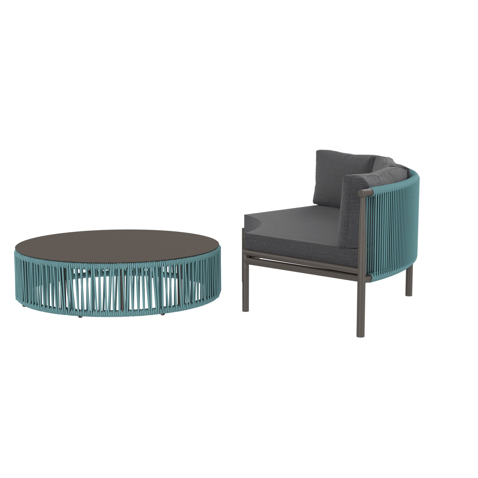 2 Piece Skye Patio Set. Tex Gray and Teal with Cast Slate color cushions.